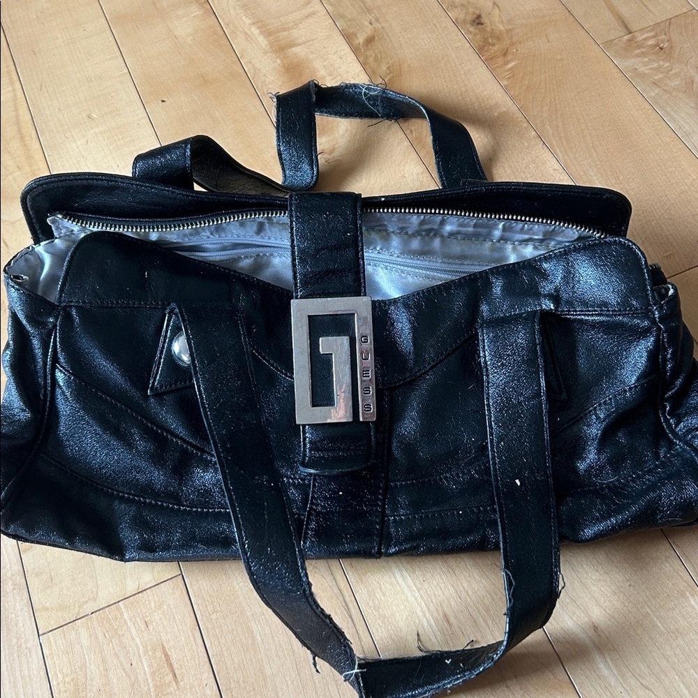Guess Shiny Black Tote with Silver Accent